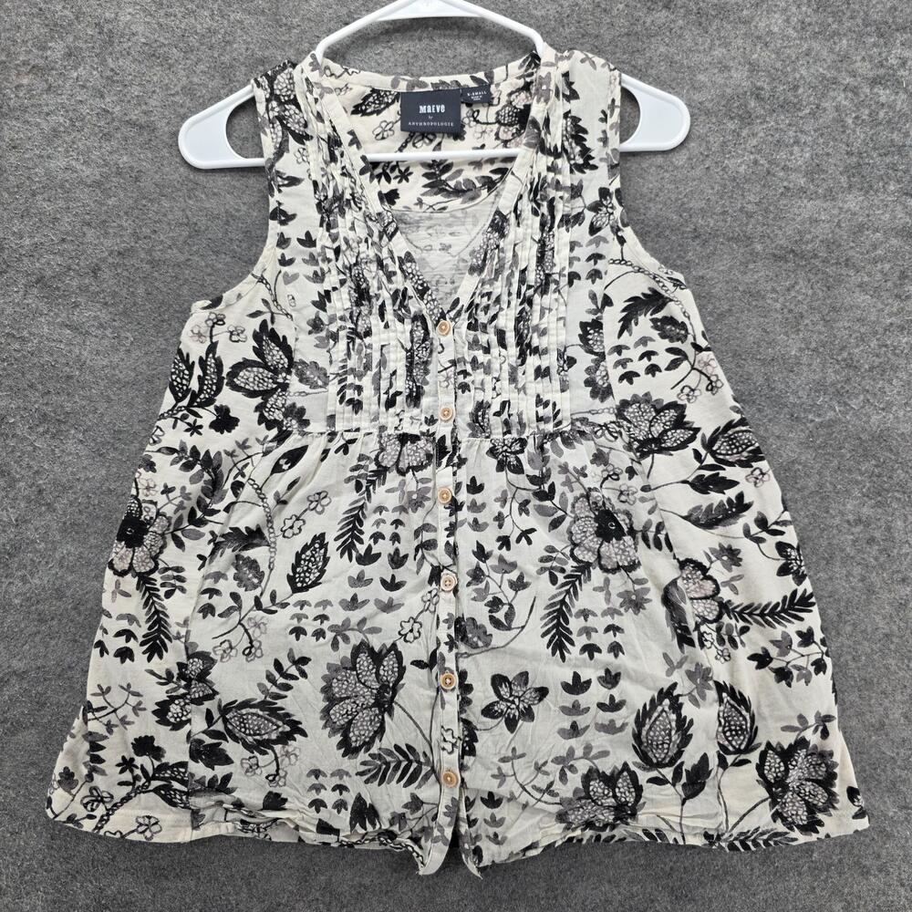 Maeve Anthropologie Top Womens Extra Small White Black Floral Sleeveless Tunic